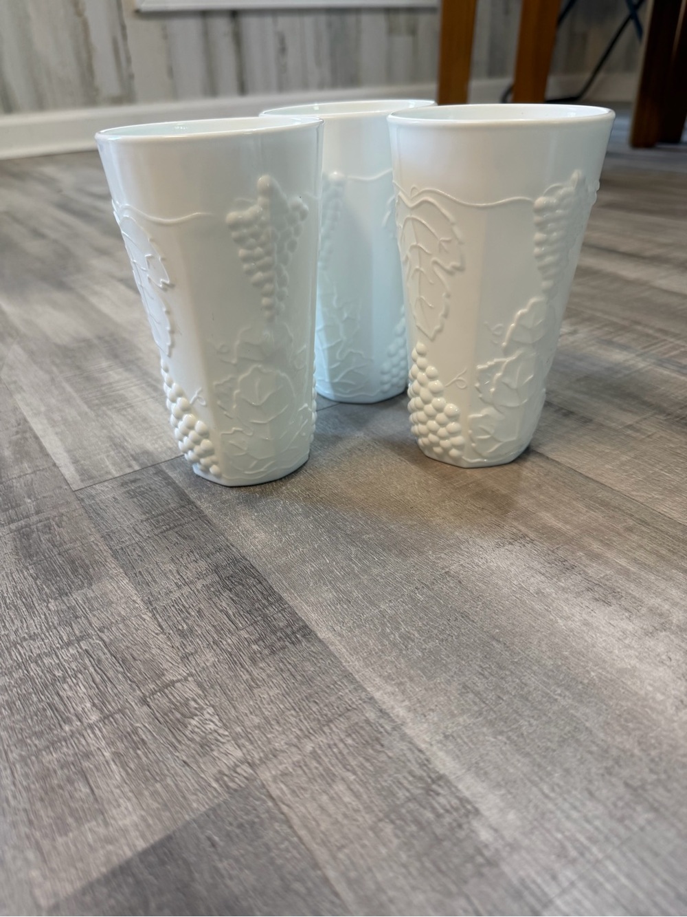 Set of 3 Indiana Glass White Milk Glass Grape Pattern Tumblers 6” Vintage